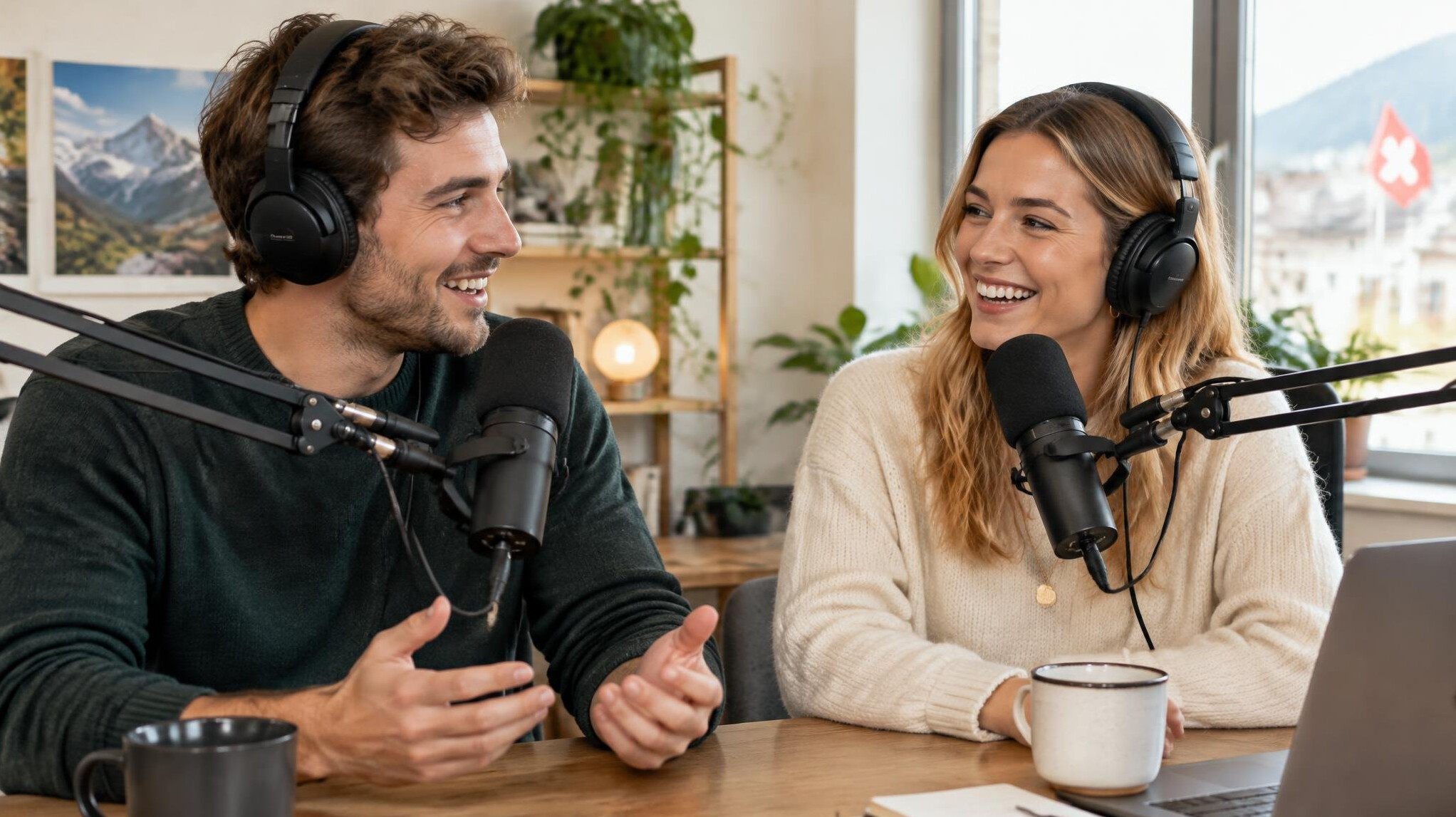 Two people recording a podcast together in a modern studio wearing headphones