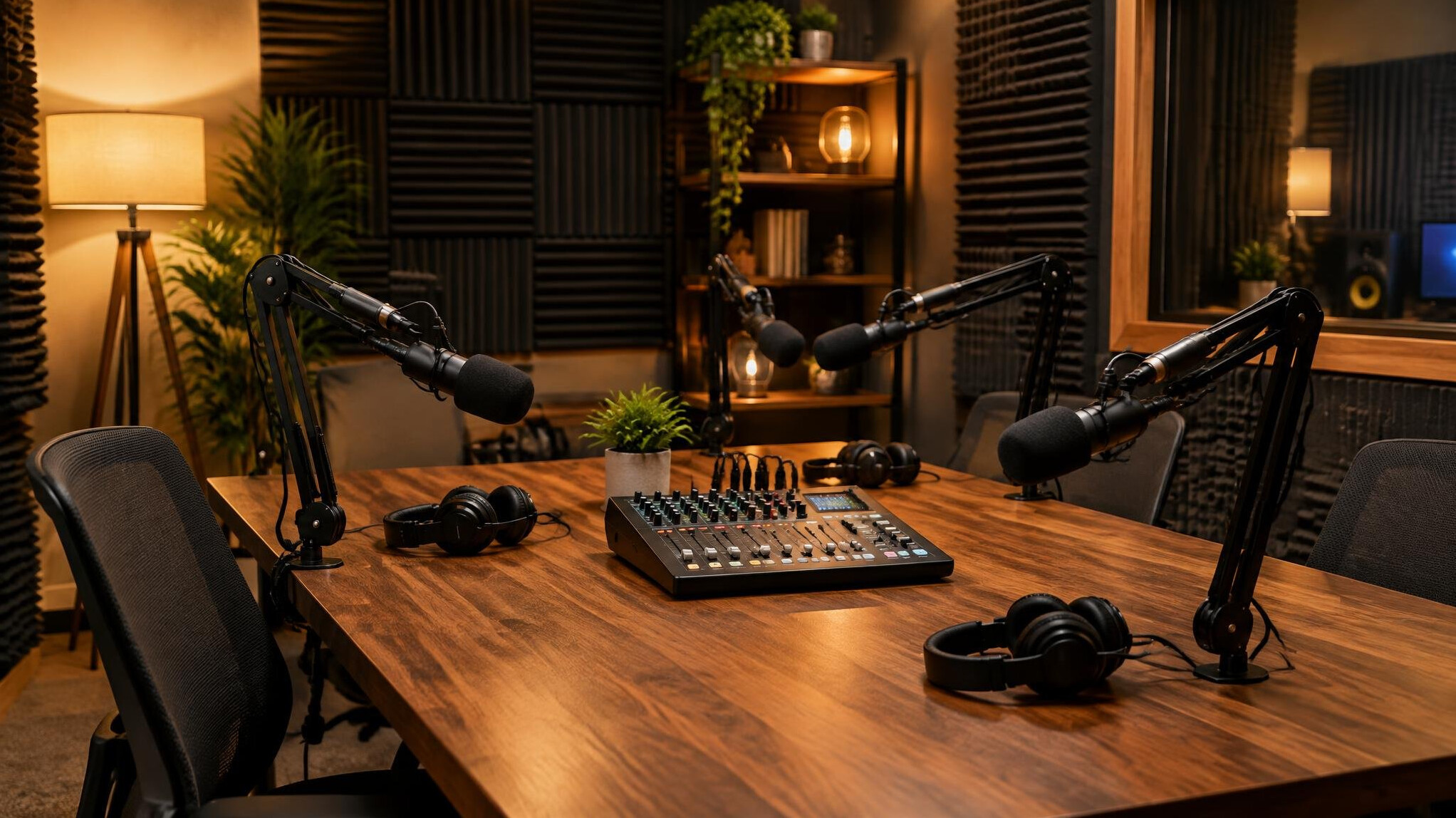 Professional podcast recording studio with microphones and mixing console