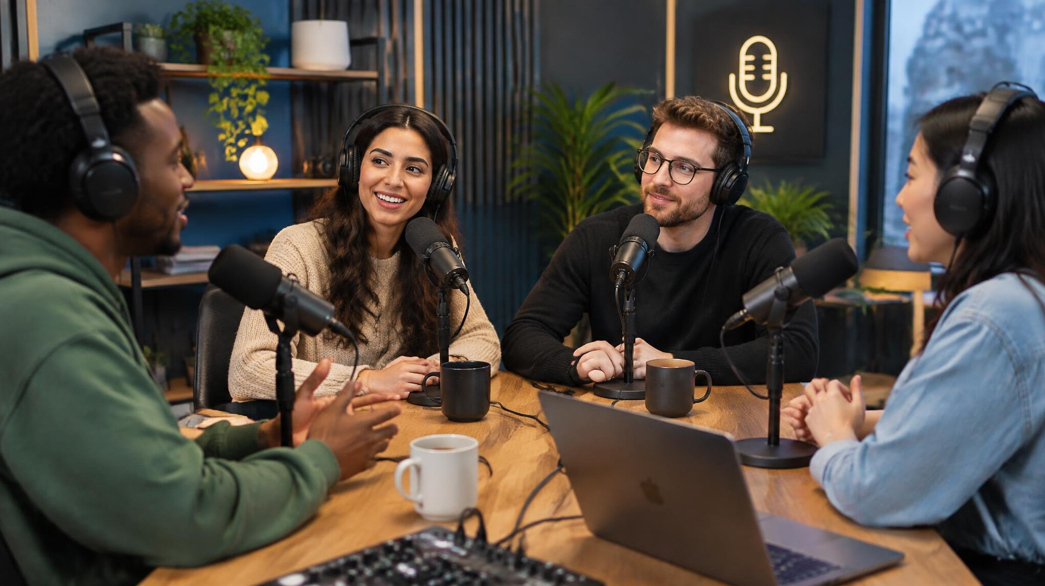 group discussion in podcast studio