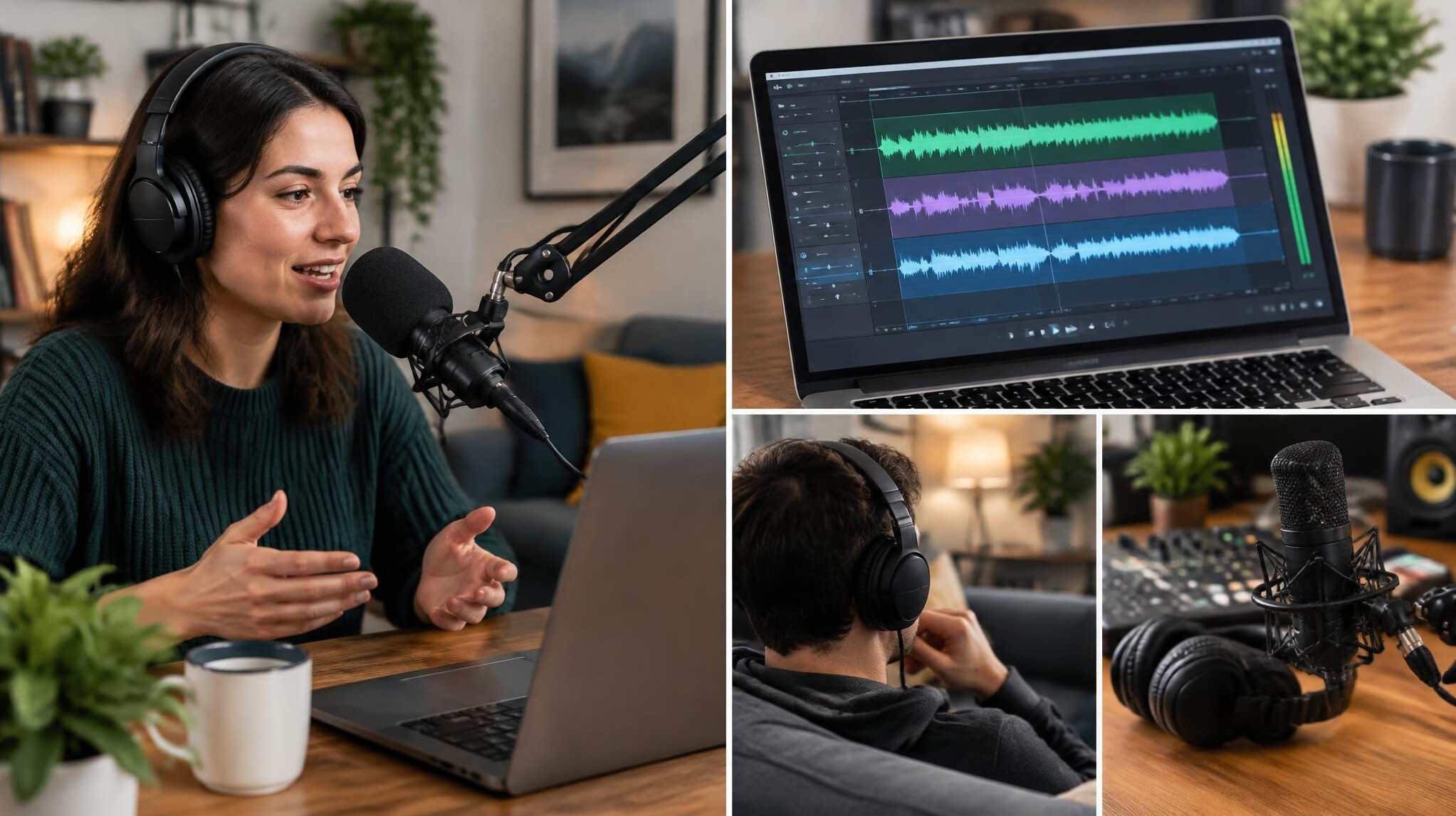 woman recording podcast at home