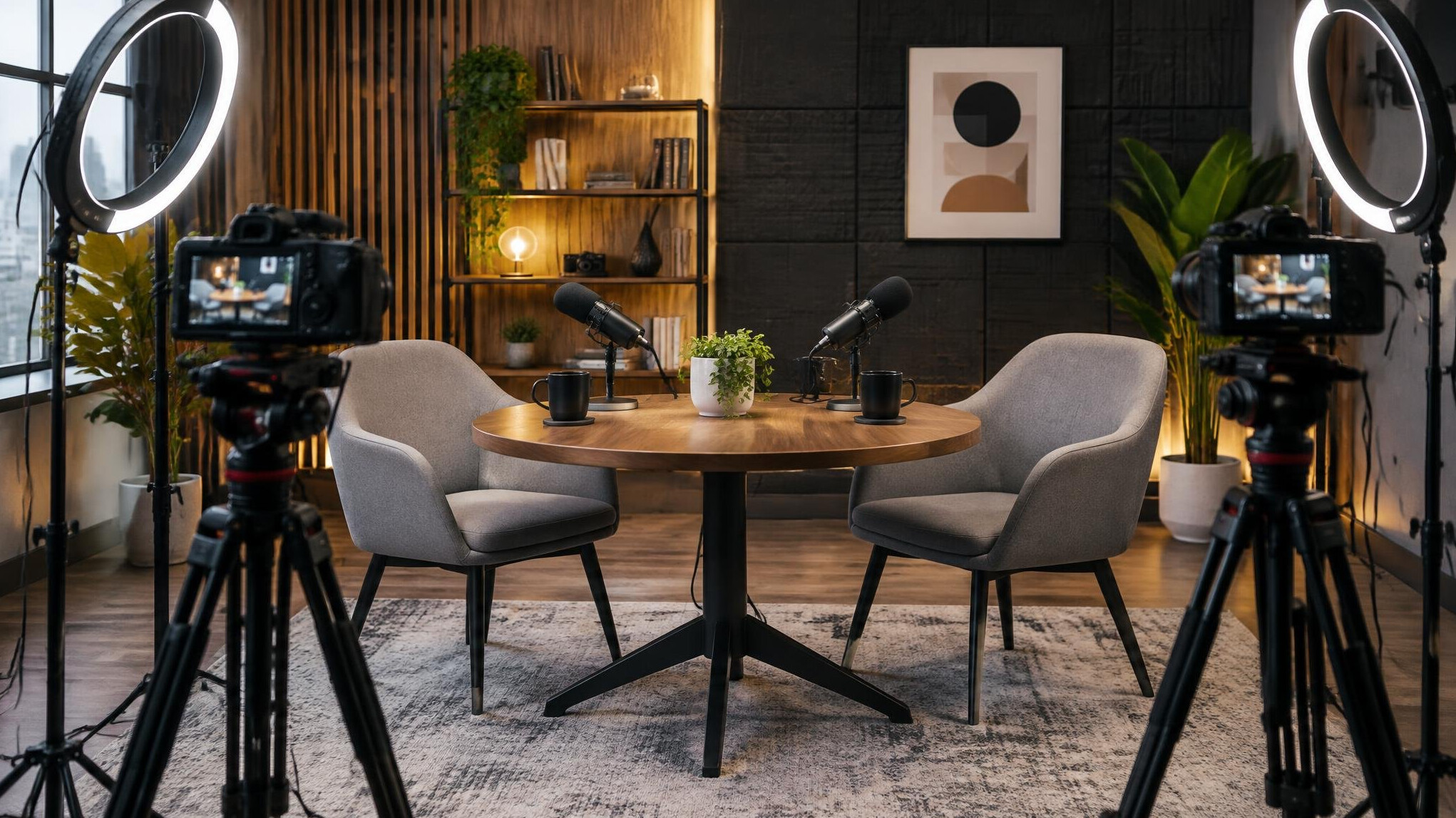 Video podcast studio setup with cameras and ring lights