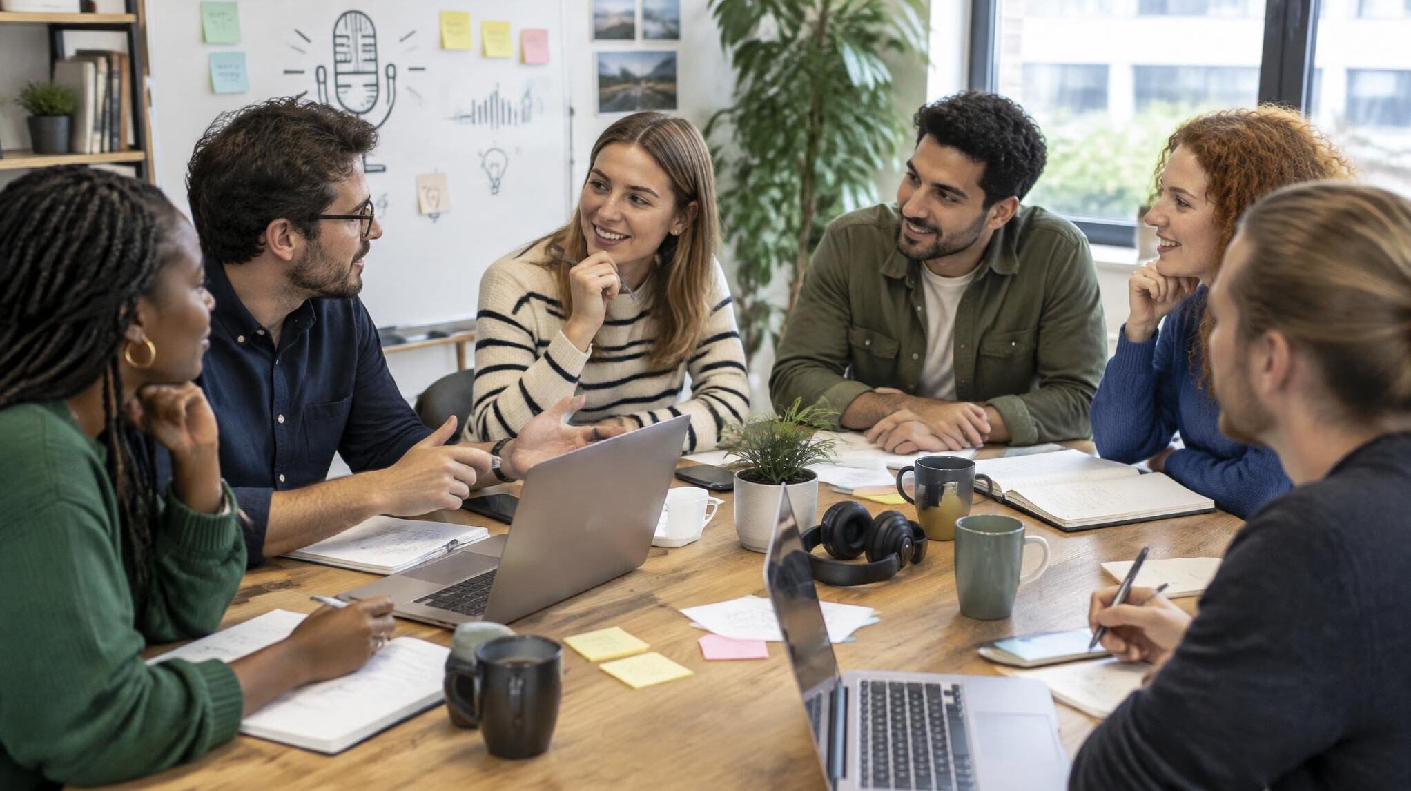 Diverse creative team brainstorming content ideas around a table