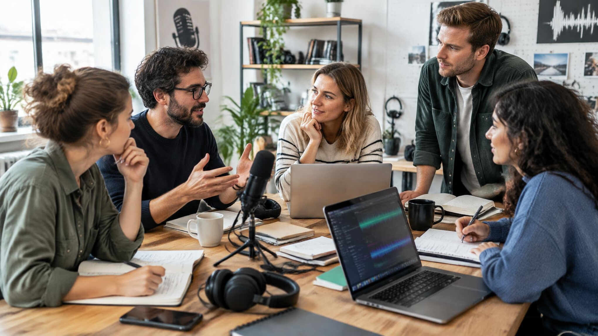 Creative studio team gathered around a table discussing a project