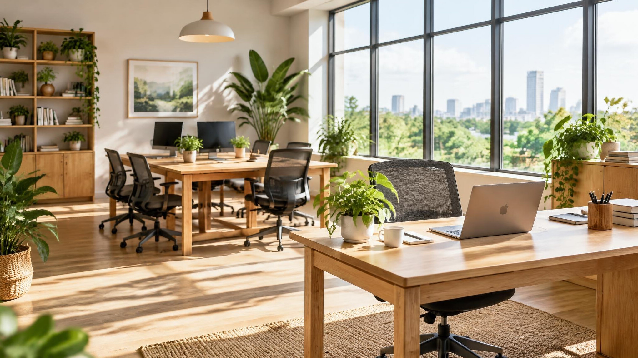 Modern bright office interior with plants and wooden furniture