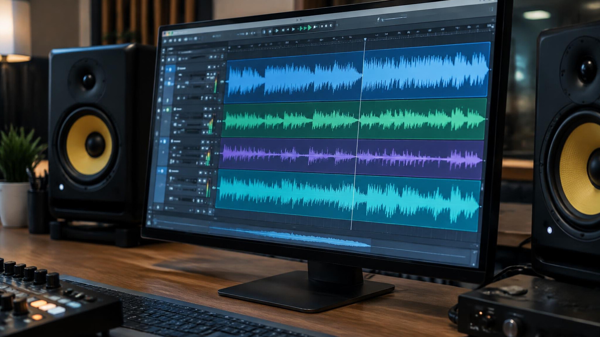 Audio waveform editing on a computer screen in a studio