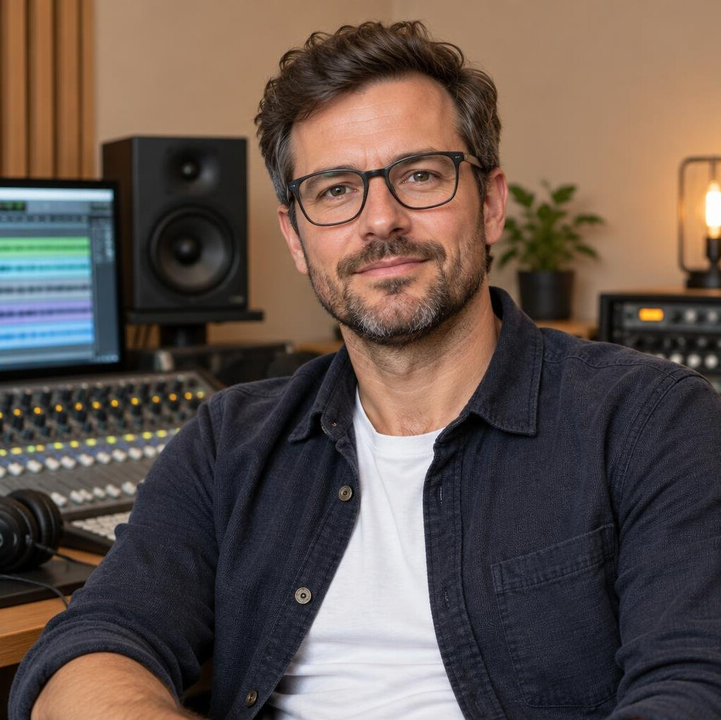 Studio portrait of a Swiss sound engineer wearing glasses